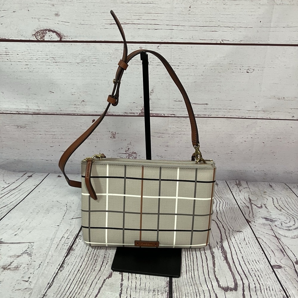 Fossil Plaid Crossbody Bag Coated Canvas Leather‎ Trim Neutral Everyday Purse